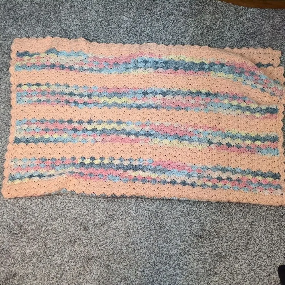 Handmade Crochet Afghan Throw Peach & Multicolor Stripes Scalloped Edge